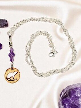 Wood Rat Silhouette & Amethyst Gemstone Pendant on Silver Plated Chain Necklace